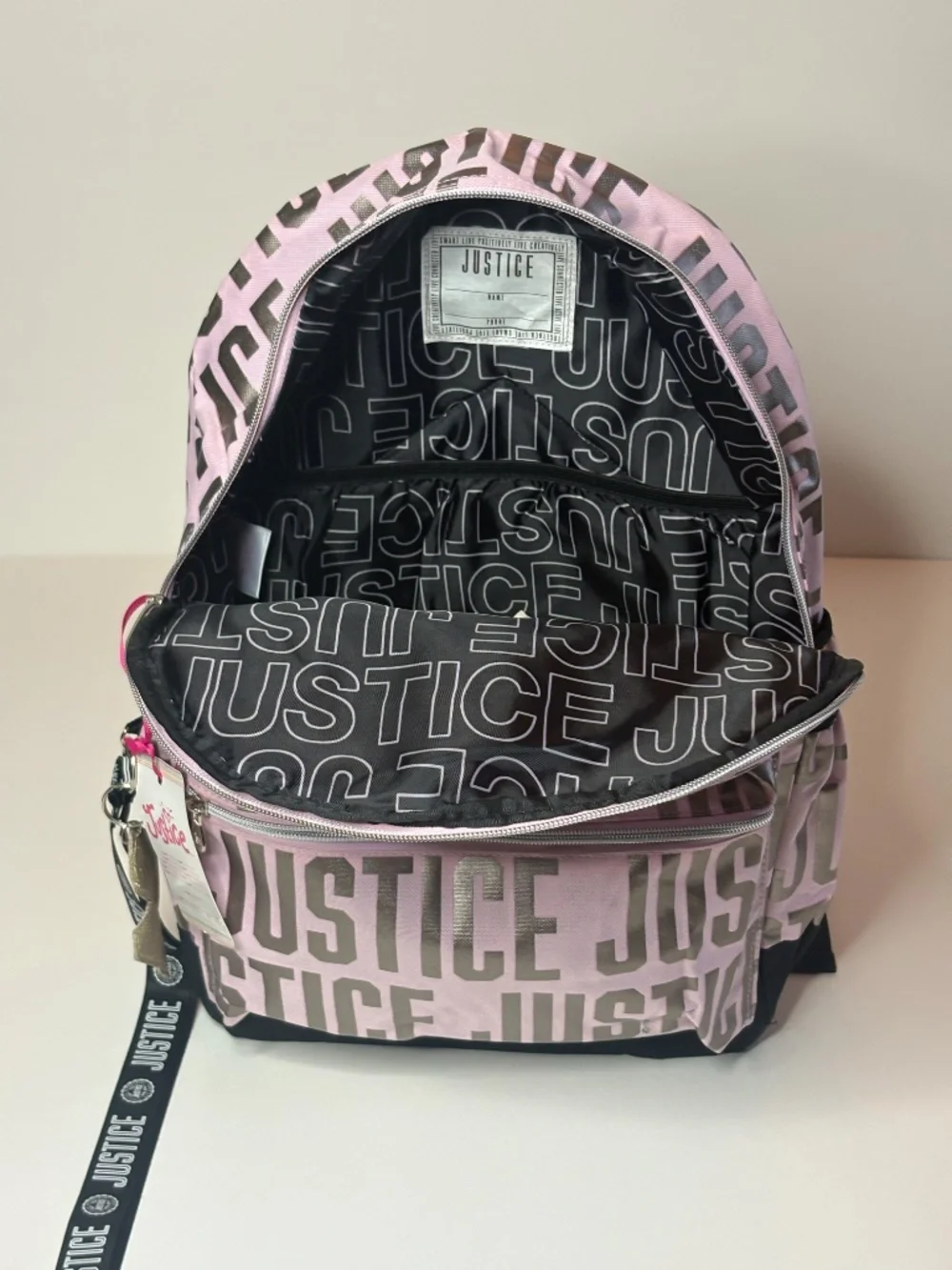 Justice Girls Pink Metallic Logo Backpack NWT 17